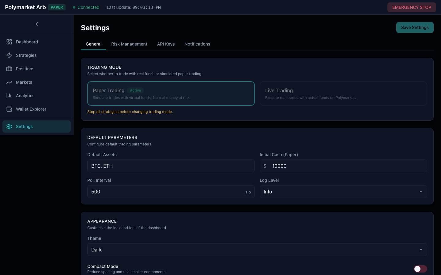 Settings page showing trading mode toggle between Paper and Live, default parameters for assets and cash allocation, poll interval, log level, and appearance configuration