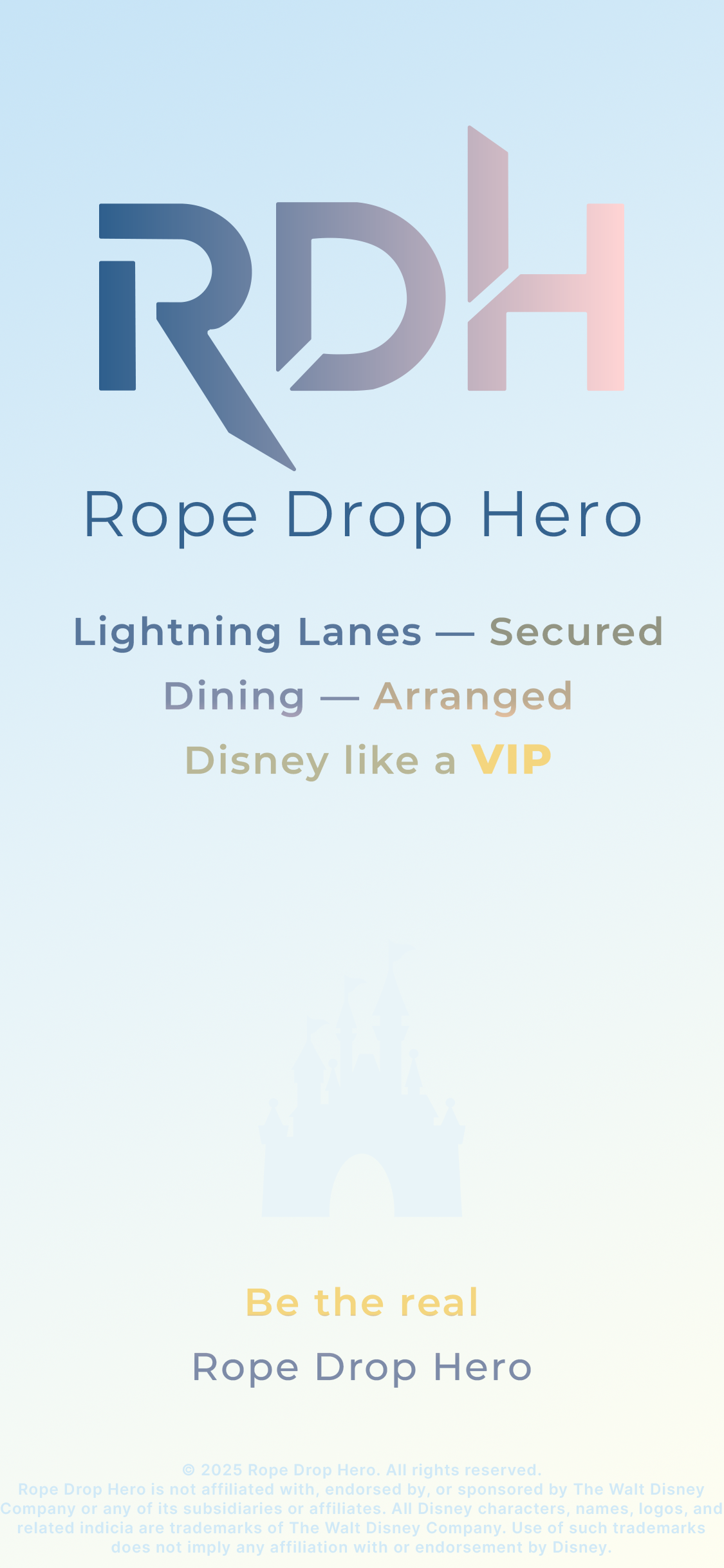 Rope Drop Hero launch screen showing the RDH logo on a light theme background