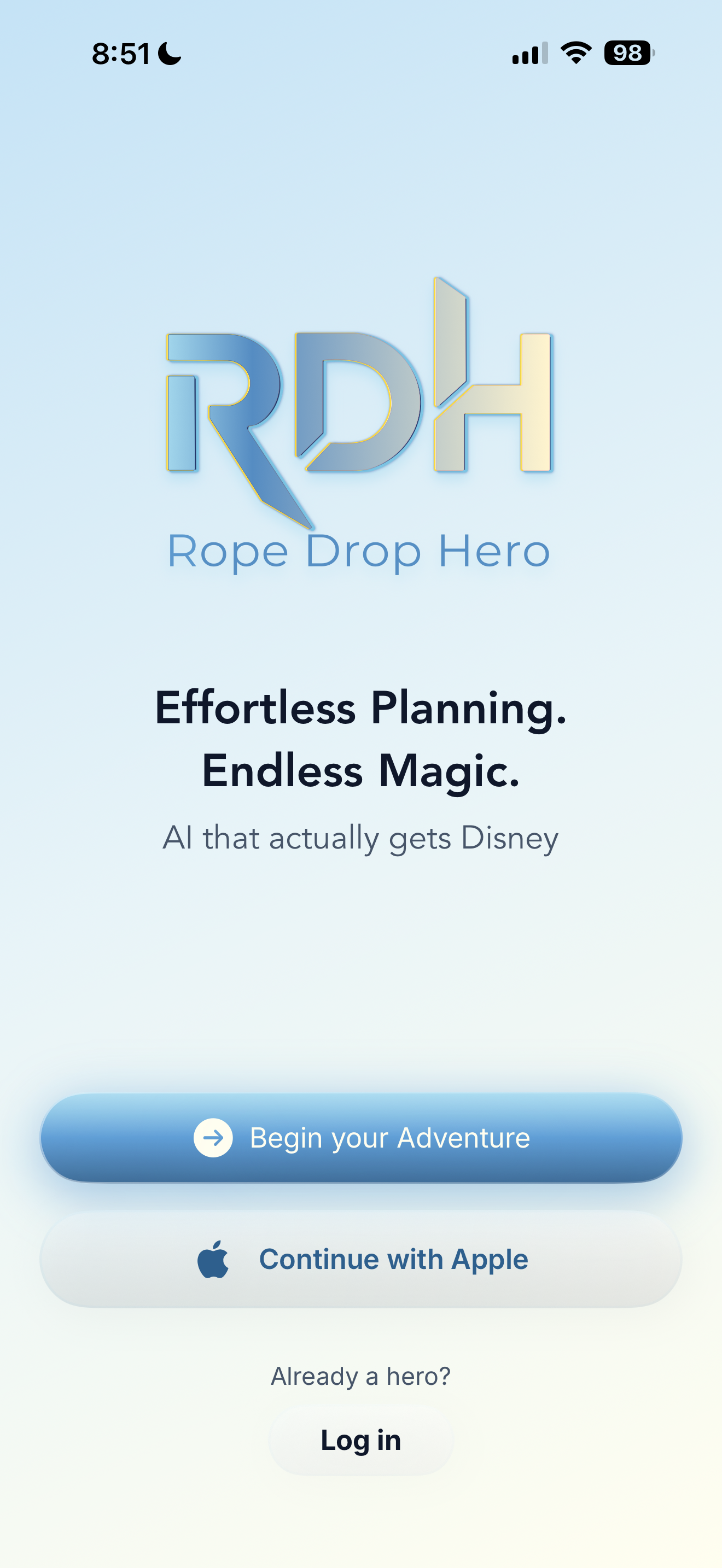 Rope Drop Hero splash screen showing the RDH logo with tagline Effortless Planning, Endless Magic - AI that actually gets Disney