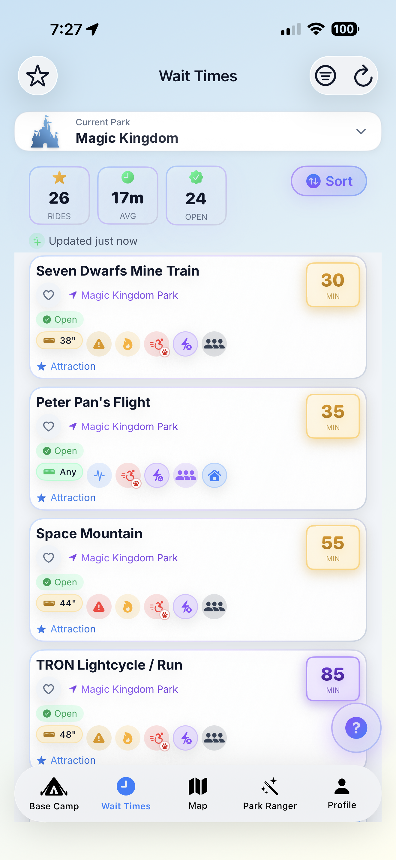 Wait Times screen showing 26 rides with 17 minute average wait and 24 open attractions at Magic Kingdom